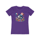 Purple eco-friendly dog graphic t-shirt women with patriotic dog wearing stars and stripes hat