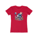Red eco-friendly dog graphic t-shirt women featuring patriotic dog with American flag hat and balloons