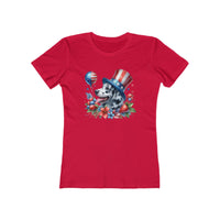 Red eco-friendly dog graphic t-shirt women featuring patriotic dog with American flag hat and balloons