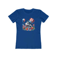 Printify blue eco-friendly dog graphic t-shirt women with patriotic dog design and floral accents