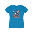 Blue eco-friendly dog graphic t-shirt women featuring patriotic dog with American flag hat and balloons