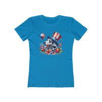 Blue eco-friendly dog graphic t-shirt women featuring patriotic dog with American flag hat and balloons