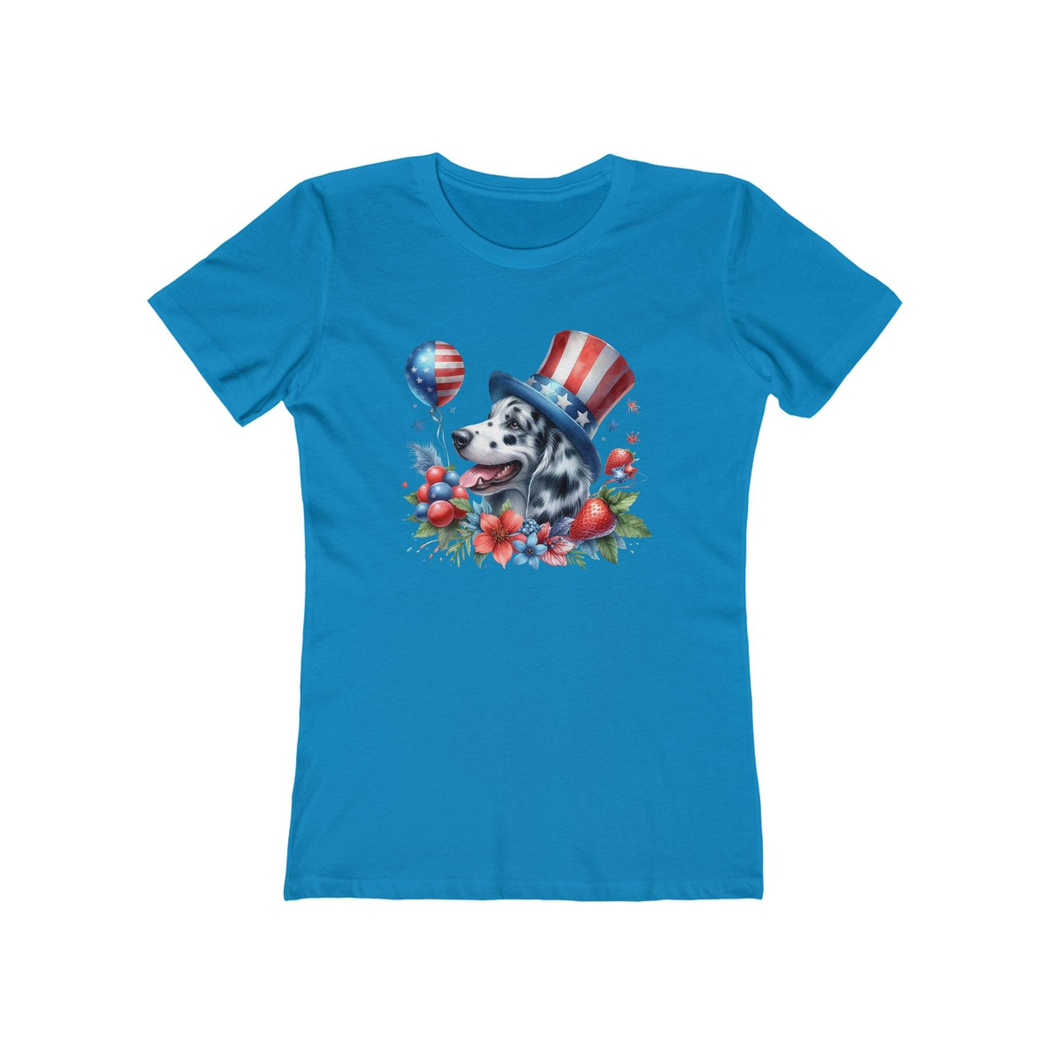 Blue eco-friendly dog graphic t-shirt women featuring patriotic dog with American flag hat and balloons