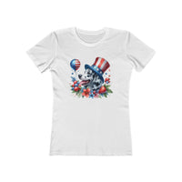 Printify eco-friendly dog graphic t-shirt women with patriotic dog wearing American flag hat and floral design