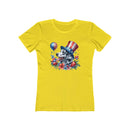 Yellow eco-friendly dog graphic t-shirt women with patriotic dog wearing hat and balloons