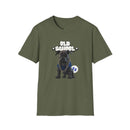 Printify eco-friendly dog t-shirt in olive with old school dog graphic and gold chain design