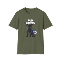 Printify eco-friendly dog t-shirt in olive with old school dog graphic and gold chain design