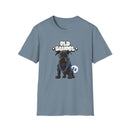 Printify eco-friendly dog t-shirt with old school black dog graphic and blue chain on light blue fabric