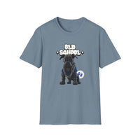 Printify eco-friendly dog t-shirt with old school black dog graphic and blue chain on light blue fabric