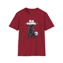 Printify eco-friendly dog t-shirt in red featuring a black dog with old school text and chain design