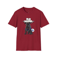 Printify eco-friendly dog t-shirt in red featuring a black dog with old school text and chain design