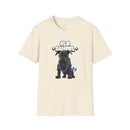 Printify eco-friendly dog t-shirt with old school black dog graphic on beige fabric