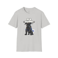 Printify eco-friendly dog t-shirt with black dog graphic and old school text on light gray fabric