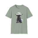 Printify eco-friendly dog t-shirt in green with cartoon dog and old school text design