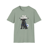 Printify eco-friendly dog t-shirt in green with cartoon dog and old school text design