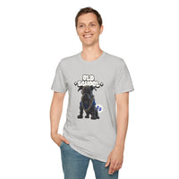 Printify eco-friendly dog t-shirt with old school dog graphic worn by smiling man
