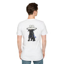 White eco-friendly dog t-shirt by Printify featuring a black dog with old school text on back
