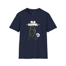 Navy Printify t-shirt featuring an old school dog graphic with chain design eco-friendly dog t-shirt