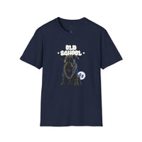 Navy Printify t-shirt featuring an old school dog graphic with chain design eco-friendly dog t-shirt