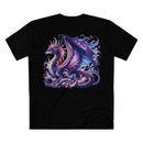Black Printify eco-friendly dragon t-shirt with detailed purple and blue dragon design on back
