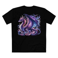 Black Printify eco-friendly dragon t-shirt with detailed purple and blue dragon design on back