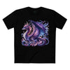 Printify black t-shirt featuring an eco-friendly dragon t-shirt design with purple and blue dragon artwork