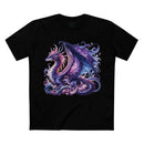 Printify black t-shirt featuring an eco-friendly dragon t-shirt design with purple and blue dragon artwork