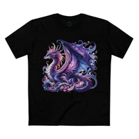 Printify black t-shirt featuring an eco-friendly dragon t-shirt design with purple and blue dragon artwork
