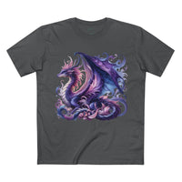 Printify eco-friendly dragon t-shirt with vibrant purple dragon design on dark gray fabric