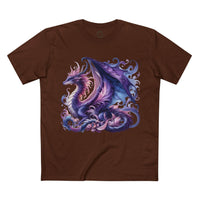 Printify eco-friendly dragon t-shirt in brown with purple and blue dragon design