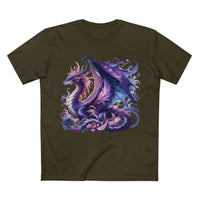 Printify eco-friendly dragon t-shirt with detailed purple and blue dragon graphic on olive green fabric