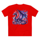 Red Printify t-shirt featuring a detailed purple and blue dragon design eco-friendly dragon t-shirt