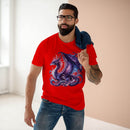 Man wearing a red eco-friendly dragon t-shirt with a detailed purple dragon graphic by Printify