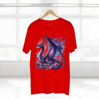 Red eco-friendly dragon t-shirt by Printify featuring a detailed purple and blue dragon design