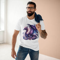 Man wearing a Printify eco-friendly dragon t-shirt with a detailed purple dragon design