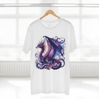White Printify t-shirt featuring a detailed purple and blue eco-friendly dragon t-shirt design