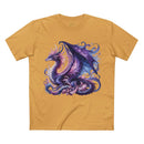 Printify eco-friendly dragon t-shirt in mustard with a detailed purple and blue dragon design