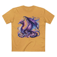Printify eco-friendly dragon t-shirt in mustard with a detailed purple and blue dragon design