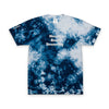 Printify eco-friendly embroidered shirt with blue tie-dye pattern and Never Stop Dreaming text