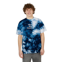 Printify eco-friendly embroidered shirt with blue and white tie-dye and Never Stop Dreaming text