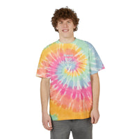 Printify tie dye eco-friendly embroidered shirt with Never Stop Dreaming text worn by a smiling man