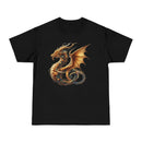 Black eco-friendly fantasy t-shirt with detailed golden dragon design by Printify