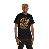 Printify eco-friendly fantasy t-shirt featuring a detailed golden dragon design on black fabric