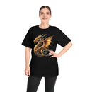 Woman wearing a Printify eco-friendly fantasy t-shirt with a detailed golden dragon design