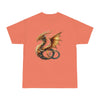 Printify eco-friendly fantasy t-shirt with detailed golden dragon design on coral background