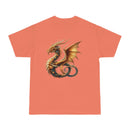 Printify eco-friendly fantasy t-shirt with detailed golden dragon design on coral background