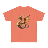 Printify eco-friendly fantasy t-shirt with detailed golden dragon design on coral background