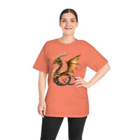 Printify eco-friendly fantasy t-shirt with detailed golden dragon design worn by smiling woman
