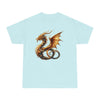 Printify eco-friendly fantasy t-shirt with detailed golden dragon design on light blue fabric