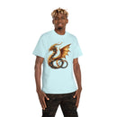 Printify eco-friendly fantasy t-shirt featuring a detailed golden dragon design on a light blue shirt
